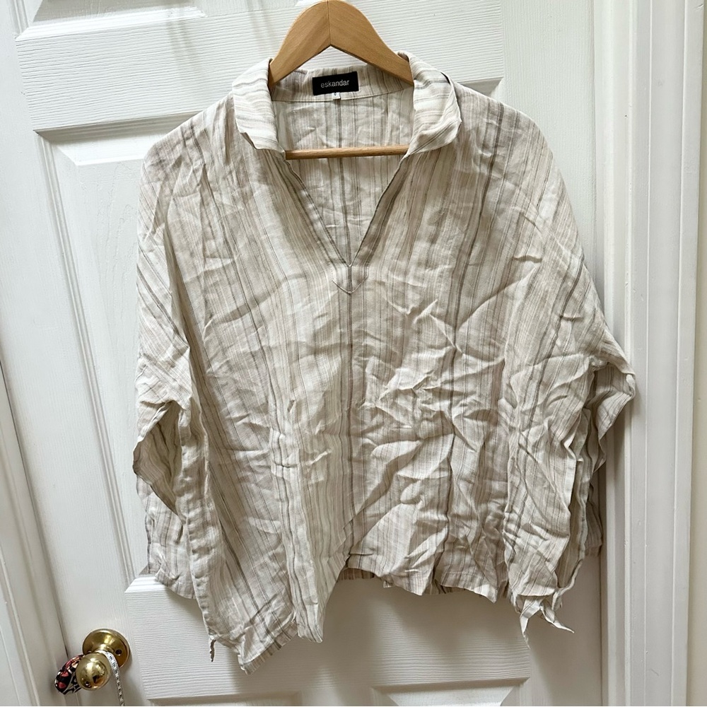 Eskandar Beige Natural Linen Stripe V-Neck Blouse Shirt Top collared 0